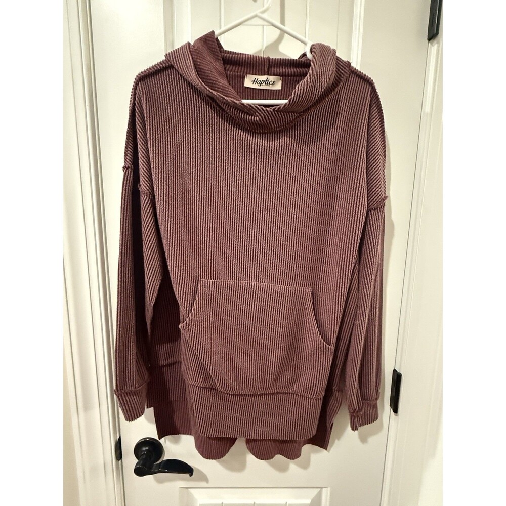 Haptics Hoodie Womens M Burgandy Striped Cowl Neck Oversized Pullover Pockets